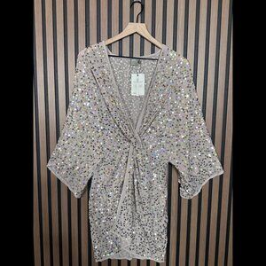 New Asos Dress 8 / M Womens Gray Embellished Kaftan Muave Sequence Side Zip